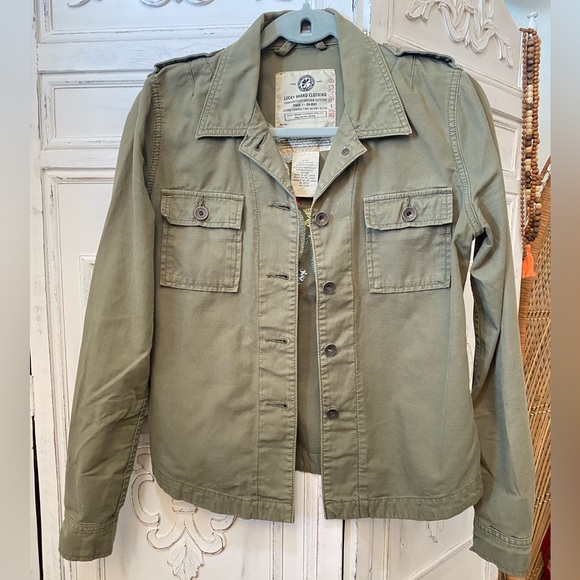 Lucky Brand 90s Y2K Embroidered Military Khaki Army Green Shirt Jacket Retro - Picture 2 of 15